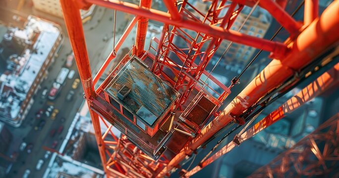 Tower crane operator's cabin, close-up, afternoon light, wide angle, bird's-eye view of construction. 