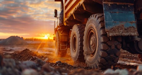 Construction dump truck unloading, close-up, sunset, wide angle, capturing the action of release. 