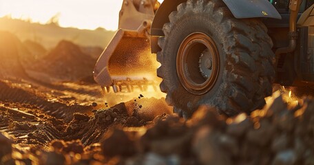 Front loader's bucket lifting soil, close view, golden hour, wide lens, emphasis on capacity and lift.