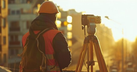 Surveyor with theodolite in city, close-up, morning light, wide lens, precision in urban planning.