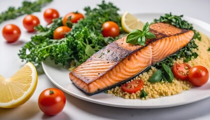 salmon steak with lemon and couscous garnish on a plate.