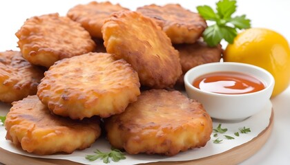 traditional homemade meal fritters on white - obrazy, fototapety, plakaty