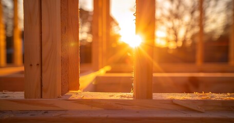Framing of a new home at sunrise, close-up, golden light, wide angle, beginnings of a dwelling.