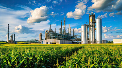 Bio fuel refinery in a field with sugar canes.