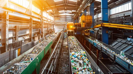 Foto op Canvas Interior of a recycling plant, with the machines working transporting plastic waste. © MiguelAngel