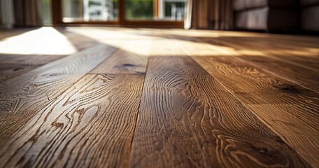 Hardwood flooring being laid, close-up, soft indoor light, wide angle, warmth and elegance. 