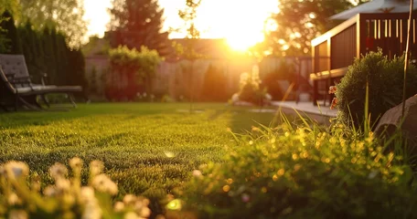 Gordijnen Landscaping a backyard, close view, golden hour, wide lens, crafting outdoor living spaces. --ar 21:11 Job ID: 9cf1a157-5143-45d3-8cba-d2880276d7b3 © Thanthara