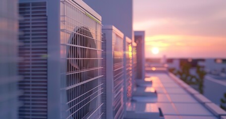 HVAC system installation on rooftop, dawn backdrop, close-up, wide angle, climate control. 