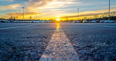 Parking lot paving at shopping center, close view, sunset, wide lens, groundwork for accessibility. 
