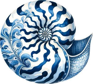 Marine Nautilus Shell with Blue Wave Patterns
