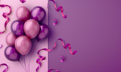 Elegant puple balloon and ribbon Happy Birthday celebration card banner template background, Generative AI
