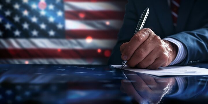 A human hand holds a ballpoint pen and writes on paper. The flag of the United States of America in the background, stars and red and white lines.