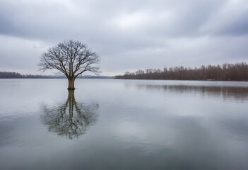 Fototapeta na wymiar A bare tree in the middle of a water body with smooth water surface and cloudy sky in the background, surrounded by fallen leaves