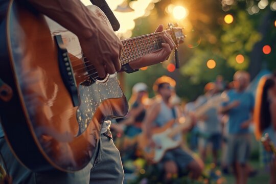 Outdoor Music Festival - Young man strumming a guitar surrounded by friends in a lush green park at sunset, capturing the joy and vibrant atmosphere of live music.