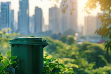 Eco-consciousness in urban setting with brightly colored recycling bin against lush greenery and modern cityscape, symbolizing sustainable practice of recycling. - obrazy, fototapety, plakaty