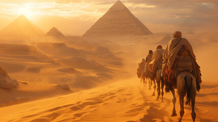 Camel caravan moving through the Egyptian dessert.  - obrazy, fototapety, plakaty