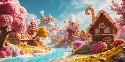 A whimsical and colorful candy village with houses made of confectionery delights and a river flowing with liquid sweetness. Resplendent.