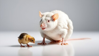 Chicken and a rat on an isolated white background