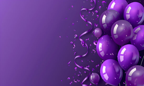 Elegant puple balloon and ribbon Happy Birthday celebration card banner template background, Generative AI