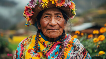Portrait of an Inca tribe woman. Wearing colorful and floral head decor.