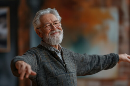 An older man with a white beard and glasses is extending his arms outwards in a gesture. He appears to be engaged in a movement resembling dance or expression