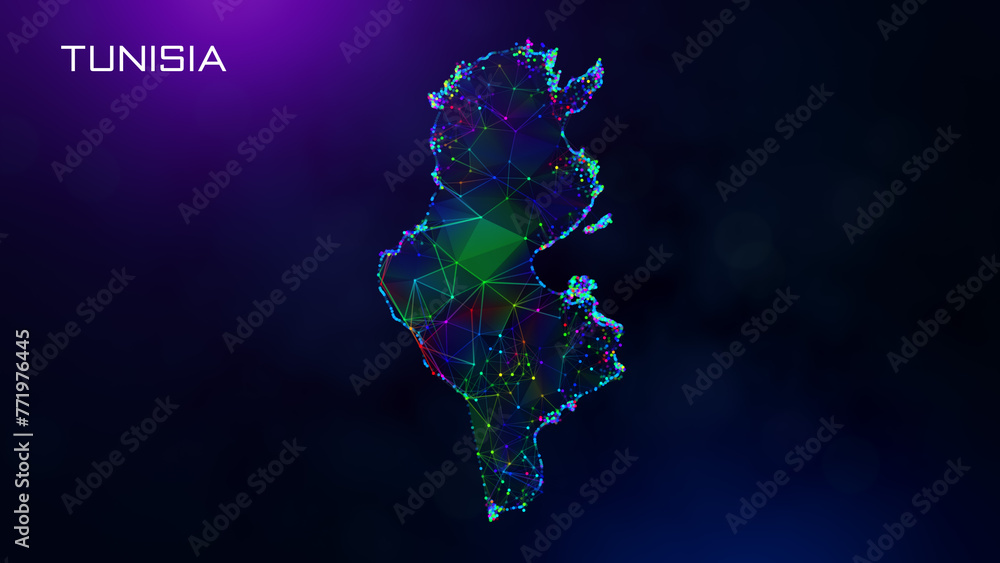 Poster futuristic tunisia map polygonal blue purple colorful connected lines and dots network wireframe wit