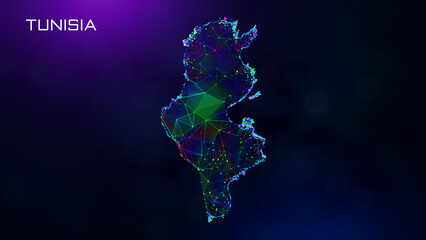 Fototapeta na wymiar Futuristic Tunisia Map Polygonal Blue Purple Colorful Connected Lines And Dots Network Wireframe With Text On Hazy Flare Bokeh Background