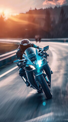 A person drives a superbike at high speed on a highway at sunset.