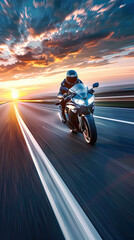 A person drives a superbike at high speed on a highway at sunset.