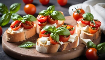 Traditional italian bruschetta with cherry tomatoes,cheese mozzarella and basil leaves - obrazy, fototapety, plakaty