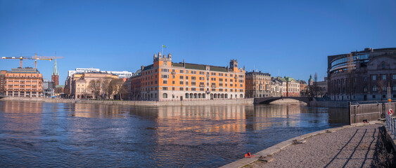Panorama. The Rosenbad house, Prime Minister's Office, houses, offices church and The Parliament House in Stockholm a sunny spring day