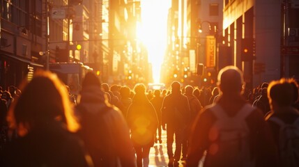 Backlit scene of bustling city street with crowd of people walking and evening sun creating...