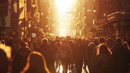 Silhouette of crowd walking on busy city street backlit by evening sun.