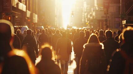 Silhouette of crowd walking on busy city street backlit by evening sun.