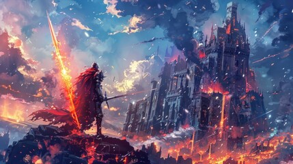 Chaos knight triumphs in ruins of medieval castle, flaming sword raised.