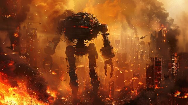 Paramilitary robot marching through blazing cityscape in fantasy scene.