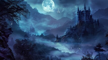 Dark fantasy landscape with medieval castles amidst misty mountains. - obrazy, fototapety, plakaty