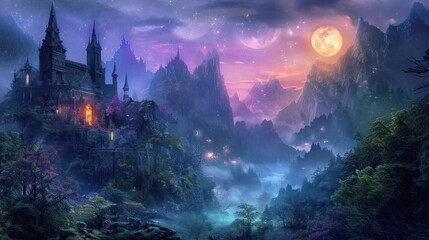 Dark fantasy landscape with medieval castles rising amidst misty mountains under a full moon.