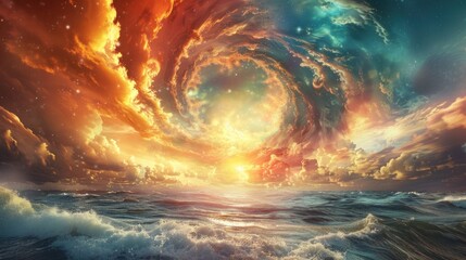 Cosmic portal birth at sunrise over surreal ocean landscape.