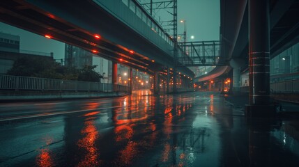 Empty street under bridge rainy day reflection of light