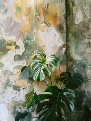 Giant Monstera Variegata plant shot growing on an old wall with painted Renaissance frescoes,Generative AI