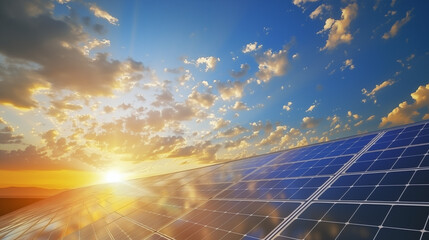 Solar panel and sunset cloud and blue sky