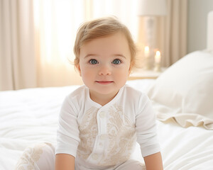 Fototapeta premium Adorable baby on bed. Smiling child at home. Children's Day.