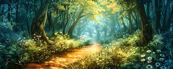 Enchanting Woodland Pathway Through a Whimsical Fairytale Forest Landscape with Lush Greenery and Sunlit Scenery