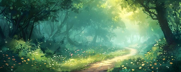 Enchanting Fairytale Forest Pathway with Lush Greenery and Whimsical Ambiance - obrazy, fototapety, plakaty