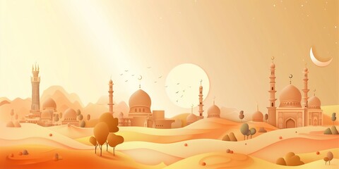 3D Illustration of abstract ramadan kareem mosque, arabic muslim mosques and minarets, religious eastern architecture, background.