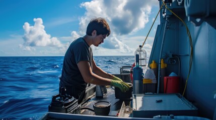 A marine scientist examines water samples on a research vessel, conducting environmental analysis on the open sea. AIG41 - obrazy, fototapety, plakaty