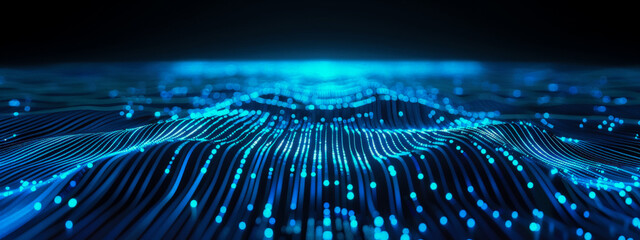 A blue and white image of a wave with many dots