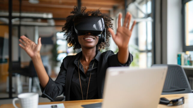 A businesswoman wearing a VR headset in an office setting, reaching out as if interacting with the virtual environment.