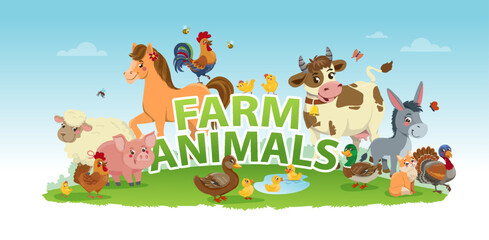 Farm animals with landscape - cow, pig, sheep, horse, rooster, chicken, donkey, male, goose, duck, cat, dog. - 771982684